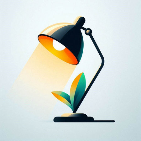 Table lamp with a light bulb and a green plant. Vector illustration.のイラスト素材