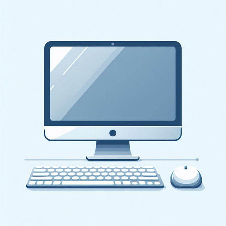 Computer with keyboard and mouse on a blue background. Vector illustration.のイラスト素材