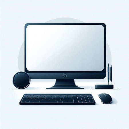 Desktop computer with keyboard, mouse and pencils. Vector illustration.のイラスト素材