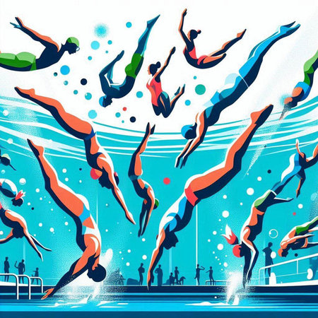 Vector illustration of a swimming pool with people silhouettes in the backgroundのイラスト素材