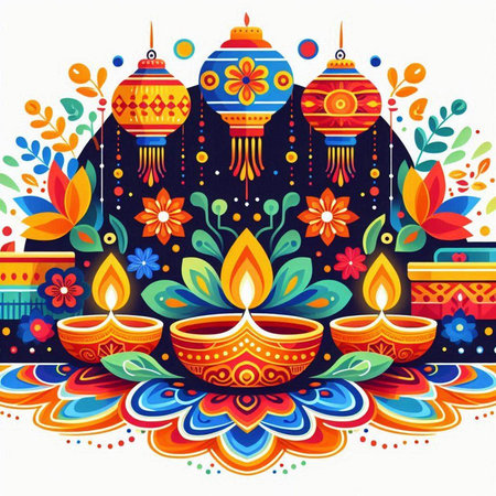 Happy Diwali festival of lights greeting card. Vector illustration.のイラスト素材