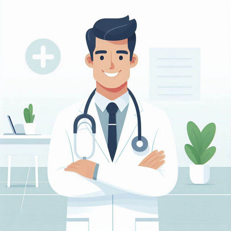 Male doctor with stethoscope. Vector illustration in cartoon style.のイラスト素材