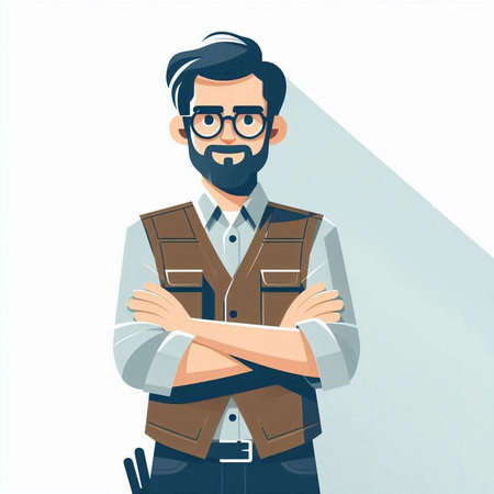Hipster man standing with crossed arms. Male character in casual style. Vector illustration.のイラスト素材