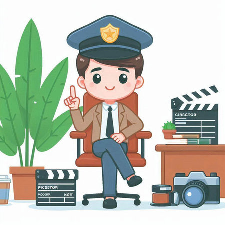 Policeman sitting in office chair. Cartoon style vector illustration.のイラスト素材
