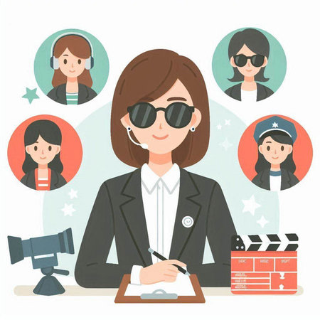 Illustration of a female reporter with a set of avatars.のイラスト素材