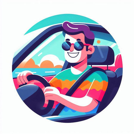 Man driving a car. Vector illustration of a man driving a car.のイラスト素材