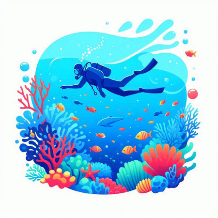 Scuba diving in the sea. Underwater world. Vector illustration.のイラスト素材