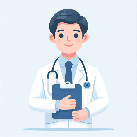 Male doctor with stethoscope and clipboard. Vector illustration in cartoon styleのイラスト素材