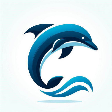 Dolphin logo design template. Creative vector icon with blue ocean waves.のイラスト素材