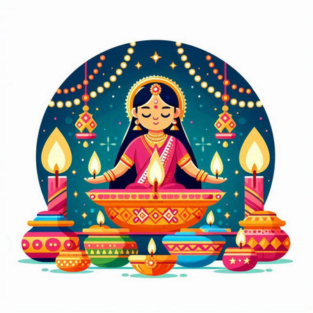 Happy Diwali festival of lights with diya and lamps, vector illustrationのイラスト素材