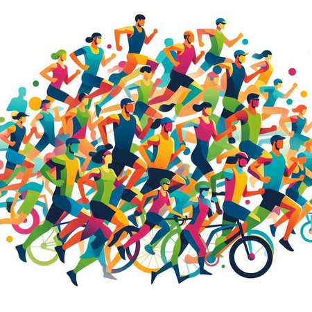 Vector illustration of a group of active people running in a circle.のイラスト素材