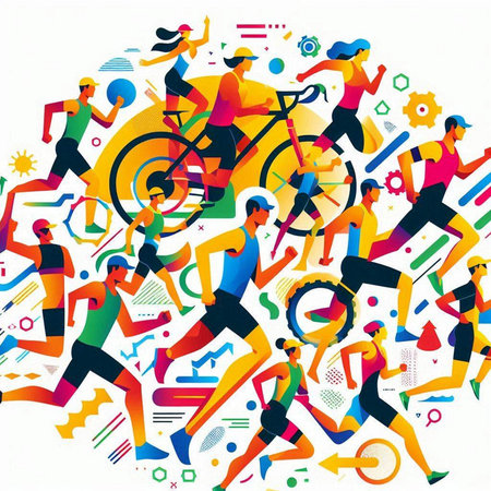 Group of people running and cycling in the city. Vector illustration.のイラスト素材