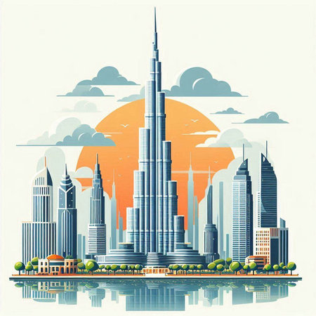 Dubai skyline with skyscrapers and reflection in water, vector illustrationのイラスト素材