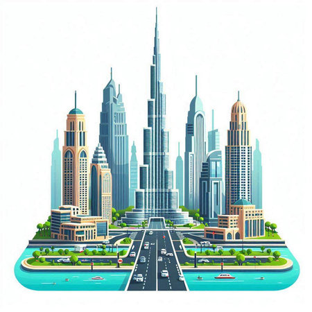 City landscape with skyscrapers and roads. Vector illustration in flat styleのイラスト素材