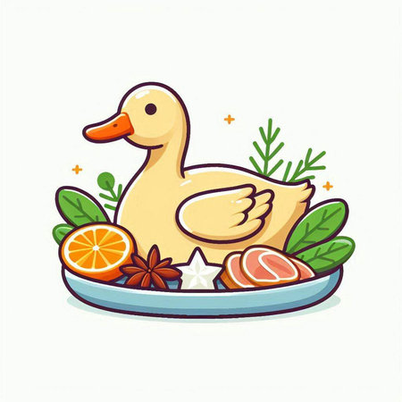 Vector illustration of a cute duck on a plate decorated with leaves.のイラスト素材