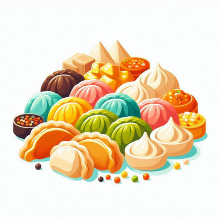 Illustration of various oriental sweets on a white background. Vector illustrationのイラスト素材
