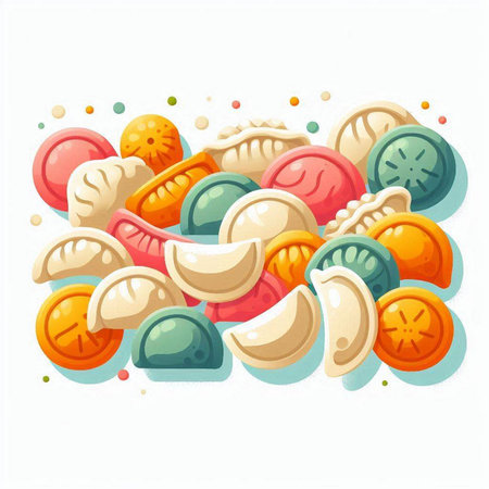 Illustration of a set of colorful Italian ravioli on a white backgroundのイラスト素材