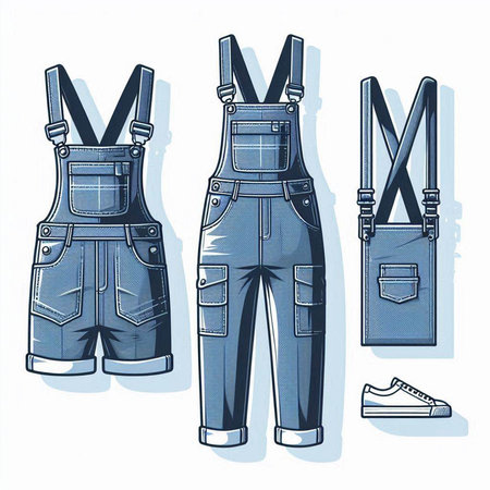 Set of denim overalls with suspenders. Vector illustration on white background.のイラスト素材
