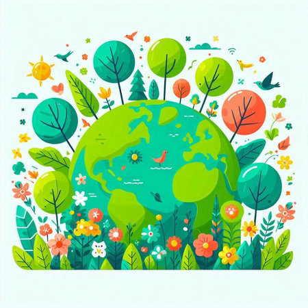 Ecology concept. Green planet with trees and flowers. Vector illustrationのイラスト素材