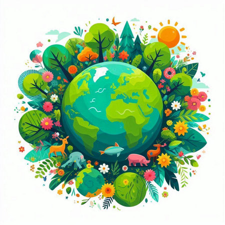 Vector illustration of planet earth surrounded by nature elements. World environment day concept.のイラスト素材