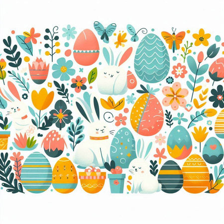 Easter background with eggs, flowers and rabbits. Vector illustration.のイラスト素材
