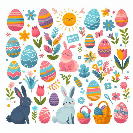 Easter eggs, bunnies, flowers and leaves. Vector illustration.のイラスト素材
