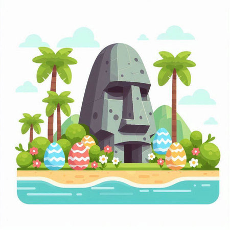 Cartoon stone castle with eggs on island. Vector illustration in flat styleのイラスト素材