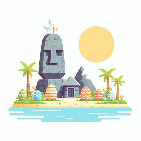 Vector illustration of an island with a stone, palm trees and a house.のイラスト素材