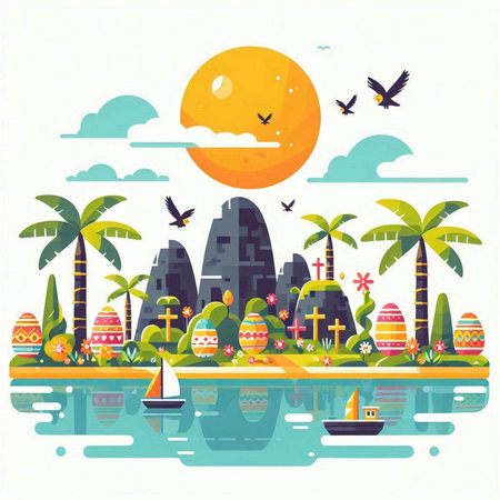Vector illustration of the island with colorful eggs, palms and birds.のイラスト素材