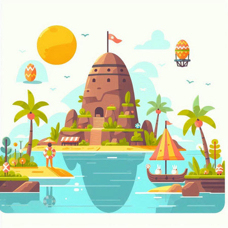Tropical island with palm trees and sand castle. Vector illustrationのイラスト素材