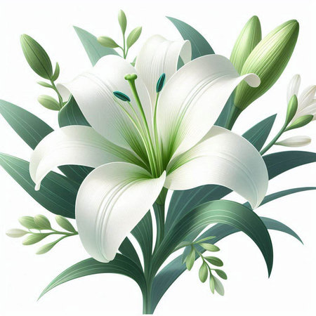 White lily with green leaves on white background. Vector illustration.のイラスト素材