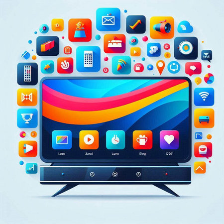Vector illustration of modern tv with colorful application icons on blue background.のイラスト素材
