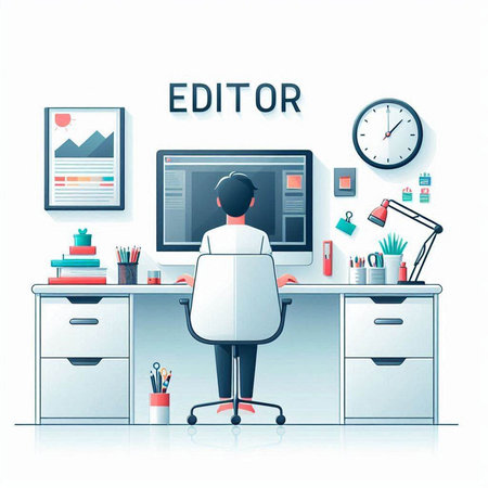 Vector illustration of an office worker sitting at the desk and working on a computerのイラスト素材