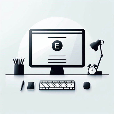 Vector illustration of a desktop with computer, keyboard, mouse, lamp, pencils and eraserのイラスト素材