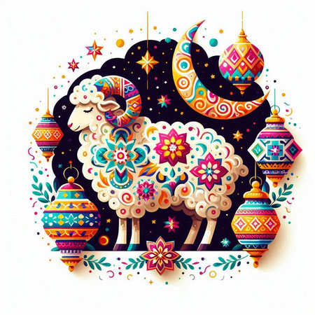 Ramadan Kareem greeting card. Vector illustration with sheep, moon and stars.のイラスト素材