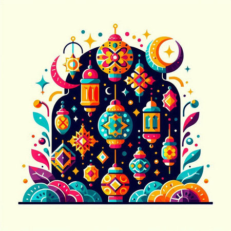 Ramadan Kareem greeting card with arabic lanterns. Vector illustration.のイラスト素材