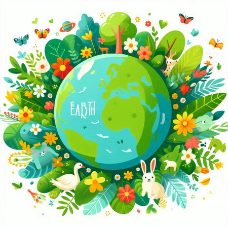 Ecology concept. Earth planet with flowers and butterflies. Vector illustrationのイラスト素材