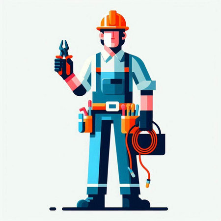 Vector illustration of electrician in hardhat, helmet and overalls.のイラスト素材