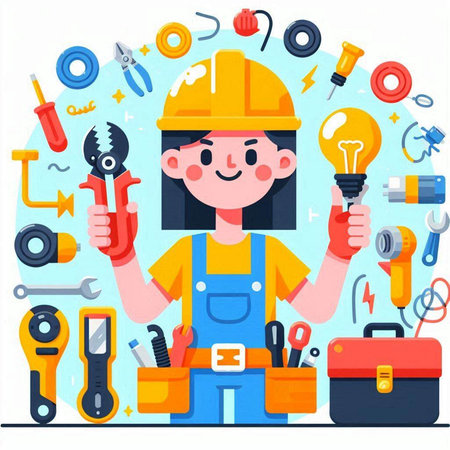 Cute girl construction worker with tools. Vector illustration in flat styleのイラスト素材