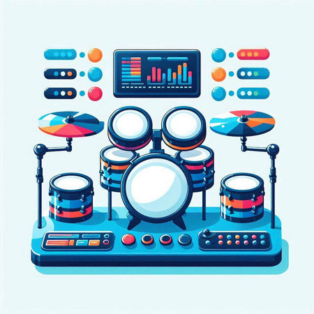 Drum set in flat style. Vector illustration on blue background.のイラスト素材