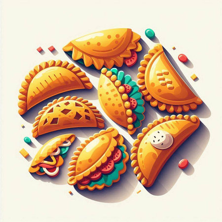 Vector illustration of a set of traditional indian empanadas.のイラスト素材