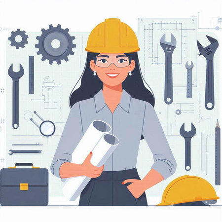 Female engineer holding blueprint, helmet and tools. Vector illustration in flat styleのイラスト素材