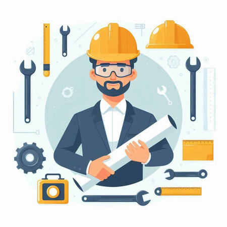 Engineer with yellow helmet and tools. Vector illustration in flat styleのイラスト素材