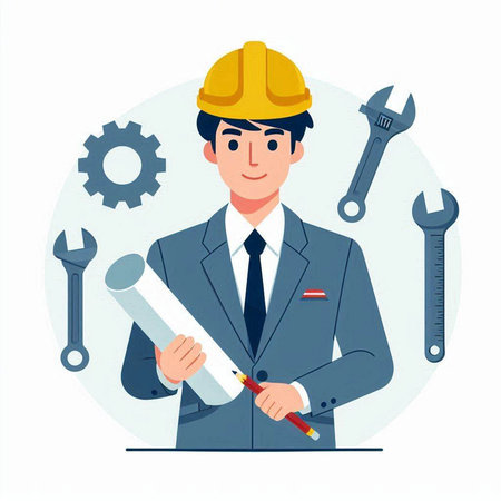 Engineer with tools. Vector illustration in a flat style on a white background.のイラスト素材