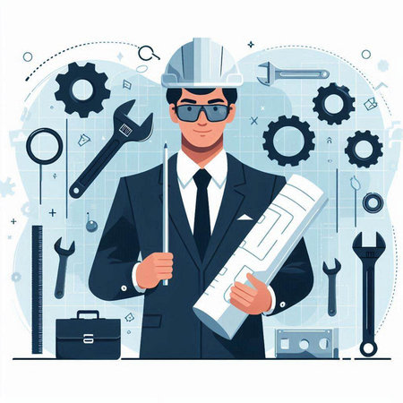 Engineer with tools. Vector illustration in flat cartoon style. Engineer in uniform, helmet and glasses.のイラスト素材
