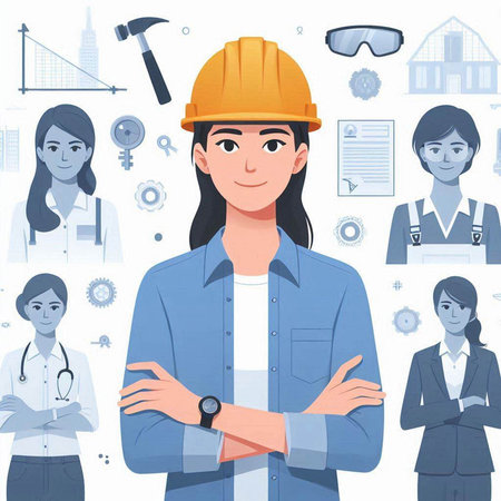 Engineer with tools. Vector illustration in flat style. Engineer in helmet and glasses.のイラスト素材