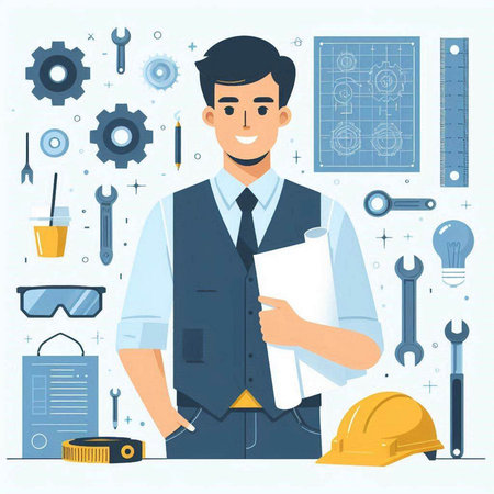 Engineer man with tools. Vector illustration in flat cartoon style.のイラスト素材