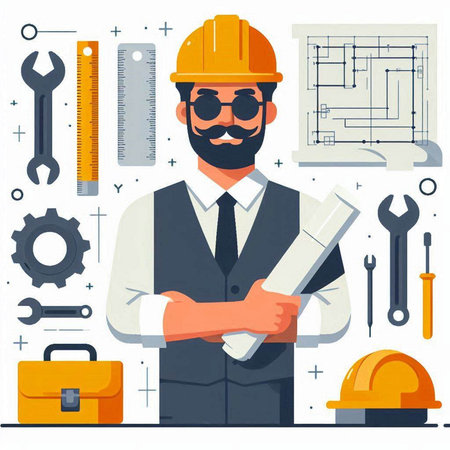 Architect with construction plans and tools. Vector illustration in flat styleのイラスト素材