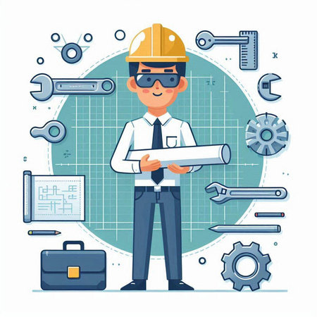 Architect or engineer in hardhat holding blueprint. Vector illustration.のイラスト素材