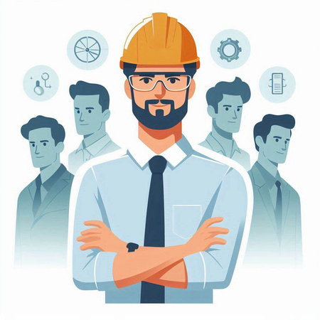 Engineer in hardhat with crossed arms. Vector illustration in flat styleのイラスト素材